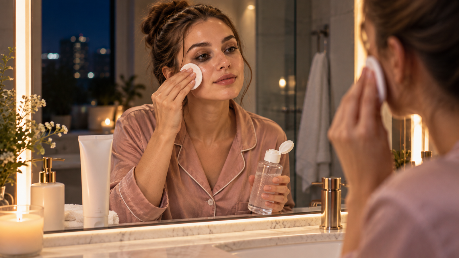 Woman gently removing makeup before her nighttime skincare routine