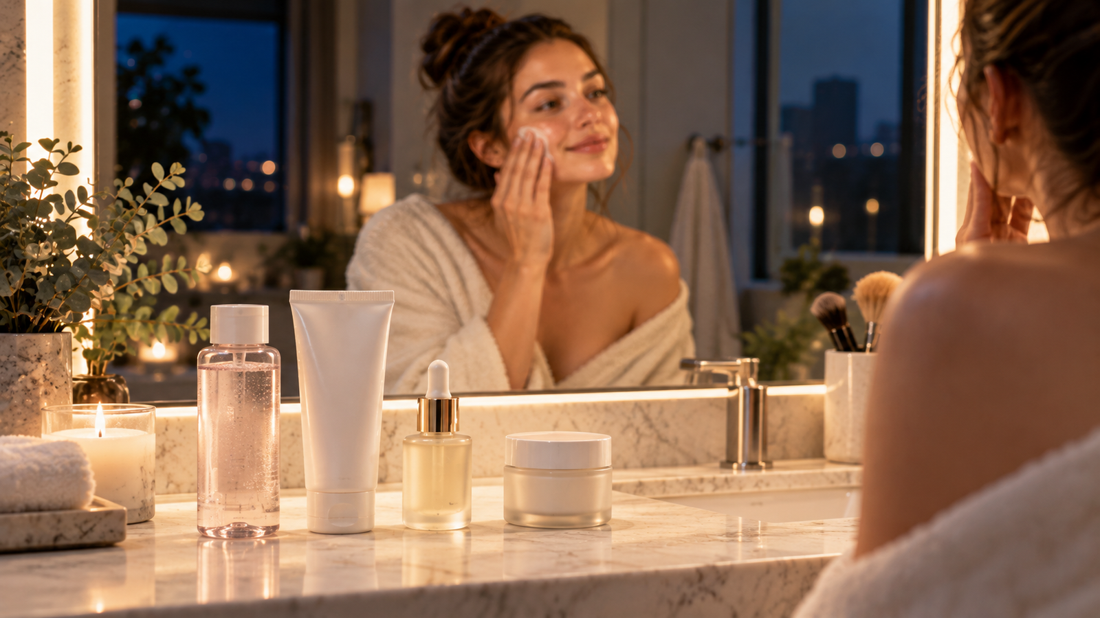 Woman removing makeup with a cotton pad as the first step of a simple nighttime skincare routine before bed
