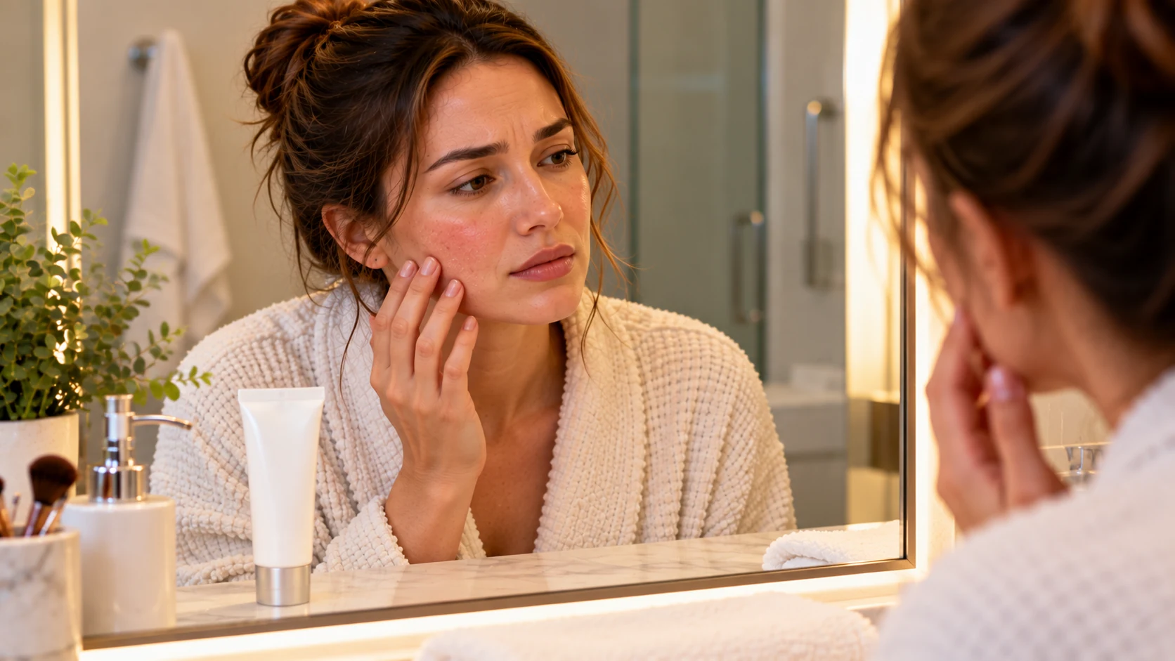 Woman checking her cheek in the mirror for redness and irritation after starting a retinoid