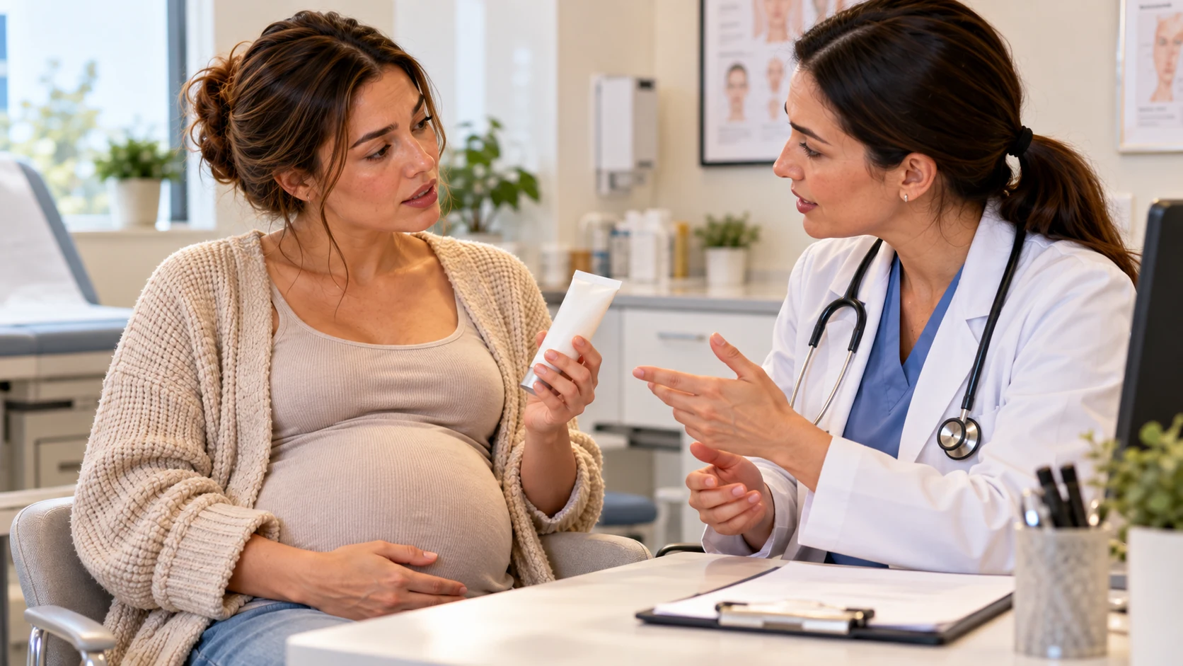 Pregnant woman discussing a skincare product with her doctor during a consultation