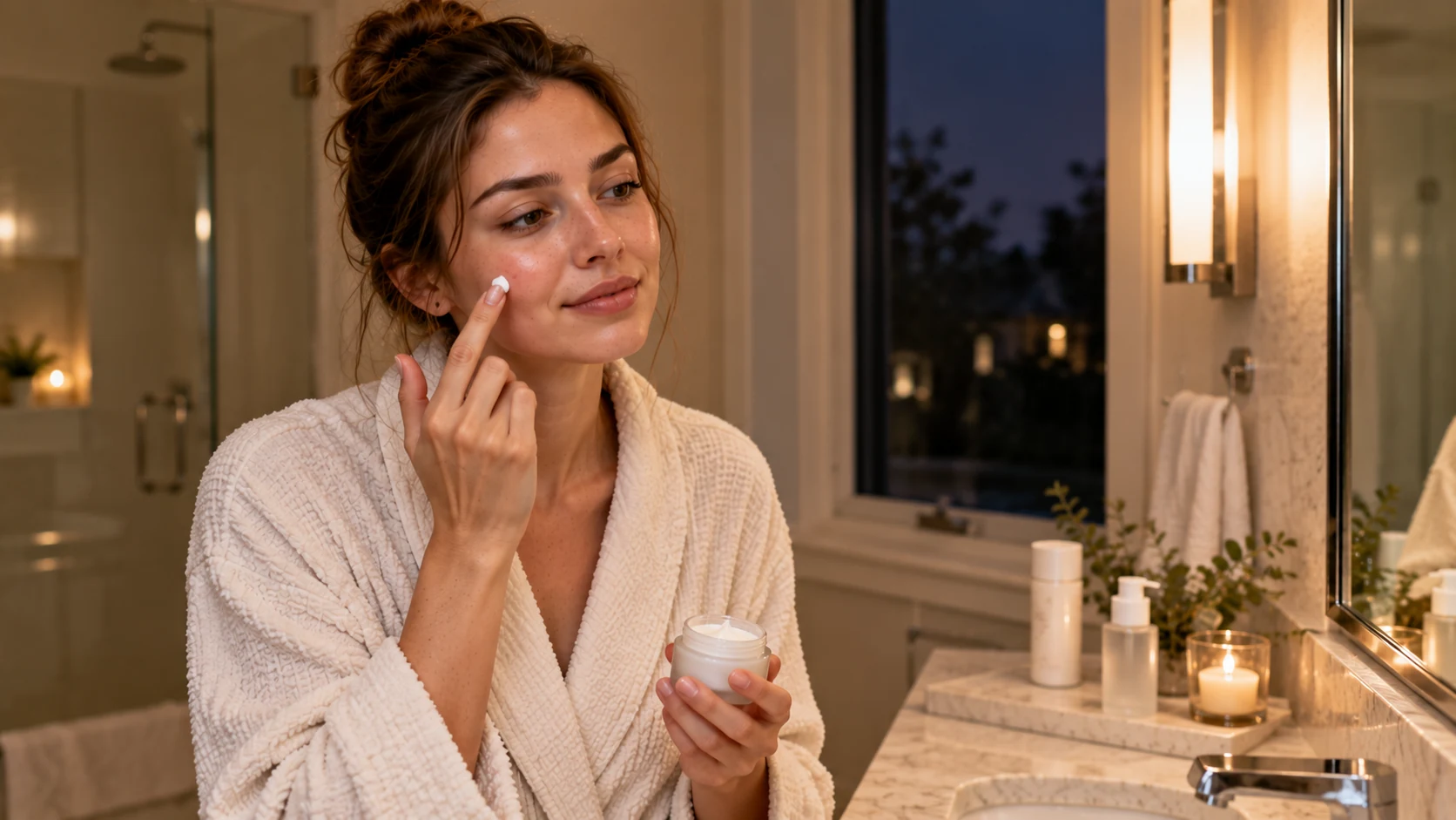 Woman applying a small amount of retinol as part of a simple nighttime skincare routine