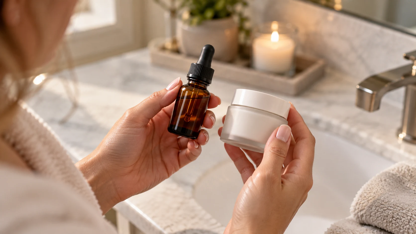 Hands holding two simple skincare products, representing a gentle ingredient pairing alongside retinol