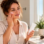 Woman applying retinol cream to her cheek during her morning skincare routine