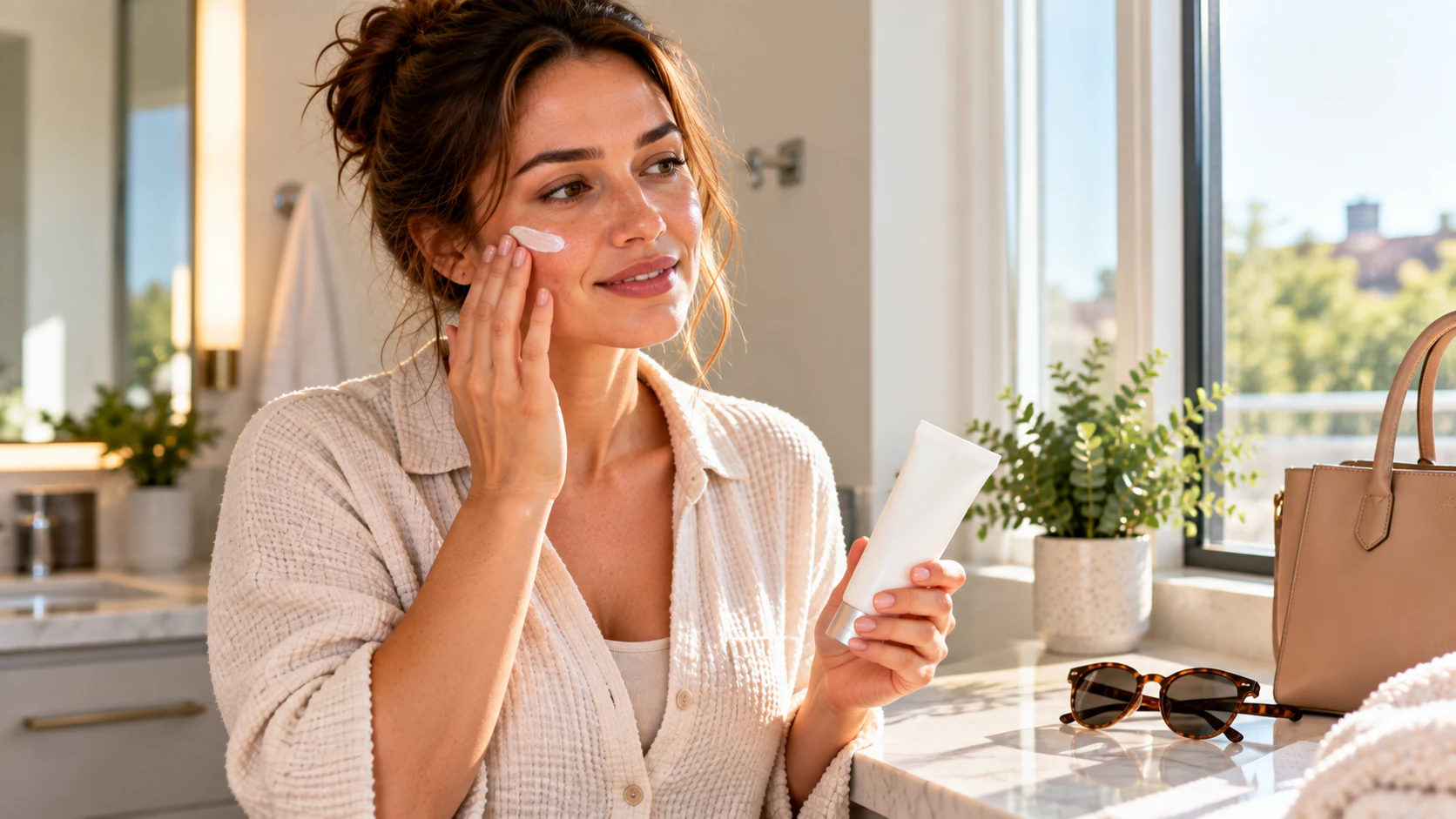 Woman applying retinol cream to her cheek during her morning skincare routine