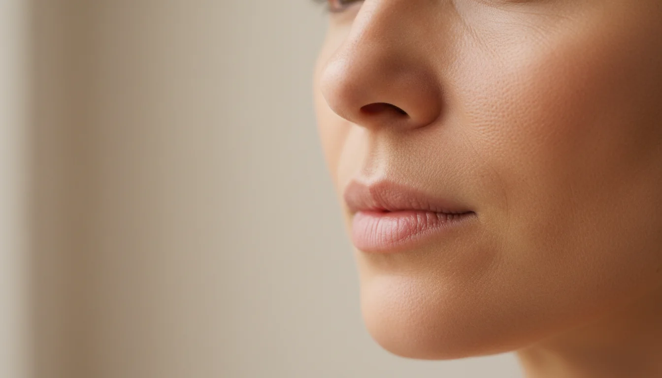 Close-up of natural facial skin showing mild rough and uneven skin texture