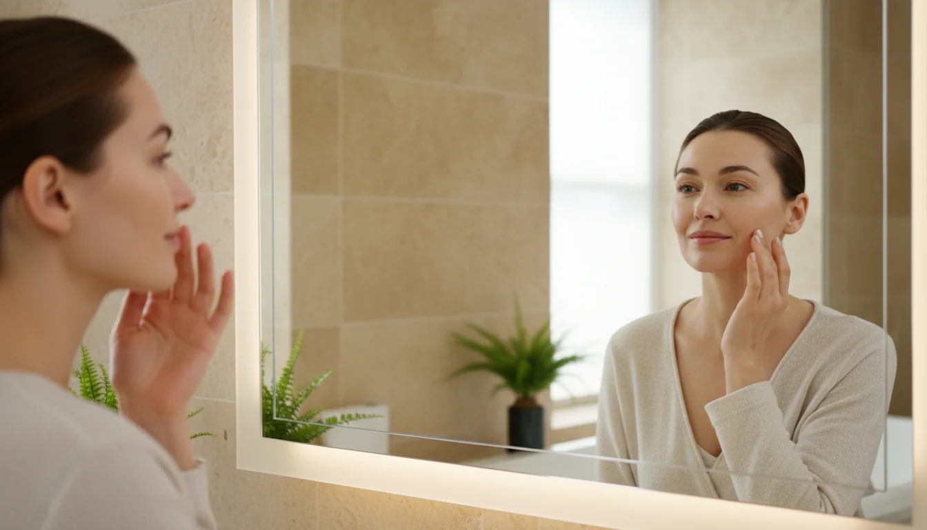 Woman applying moisturizer as part of a simple skincare routine for rough skin texture