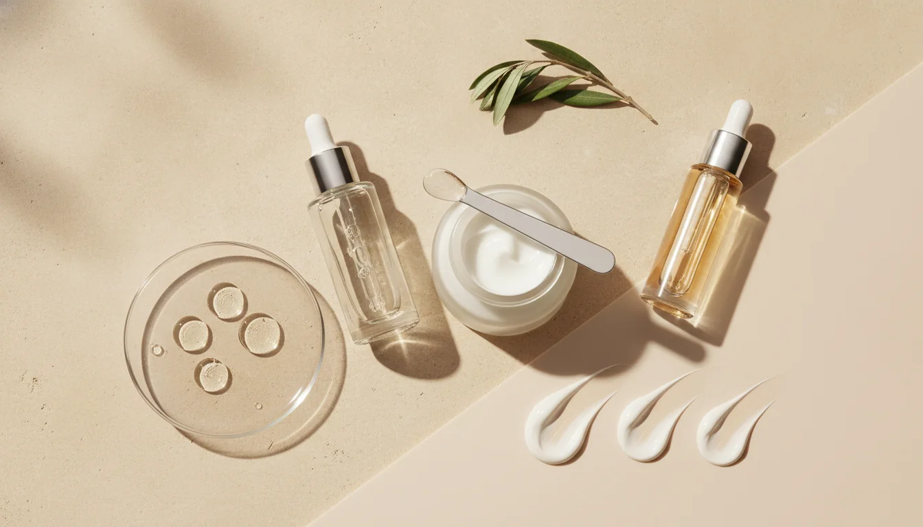 Skincare ingredients and textures used in a routine for rough skin texture