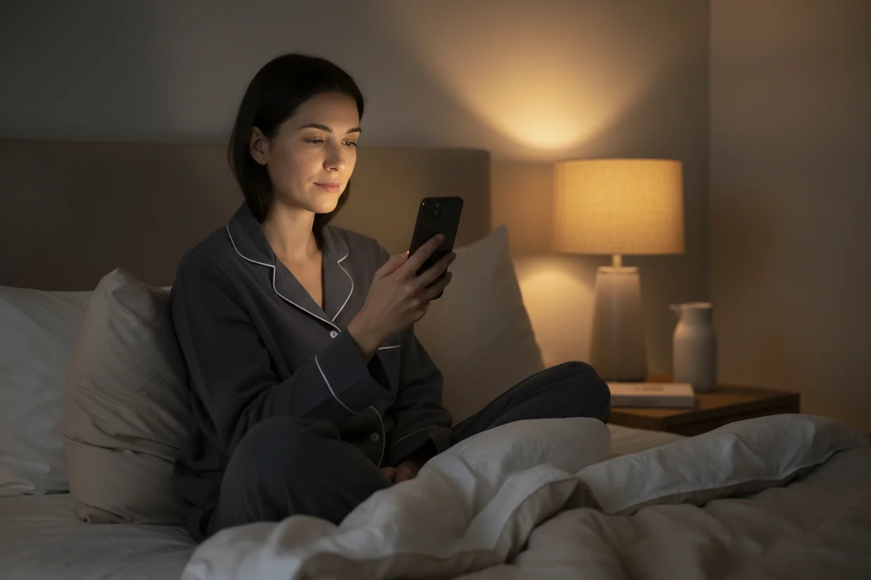 Adult in bed at night looking at a dimmed phone screen before sleep