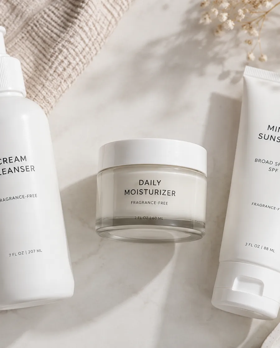Gentle cleanser, moisturizer, and mineral sunscreen for a sensitive skin routine