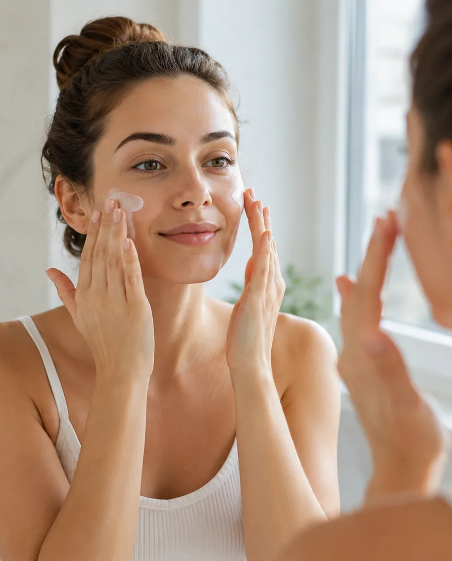 Woman applying moisturizer during her morning sensitive skin routine