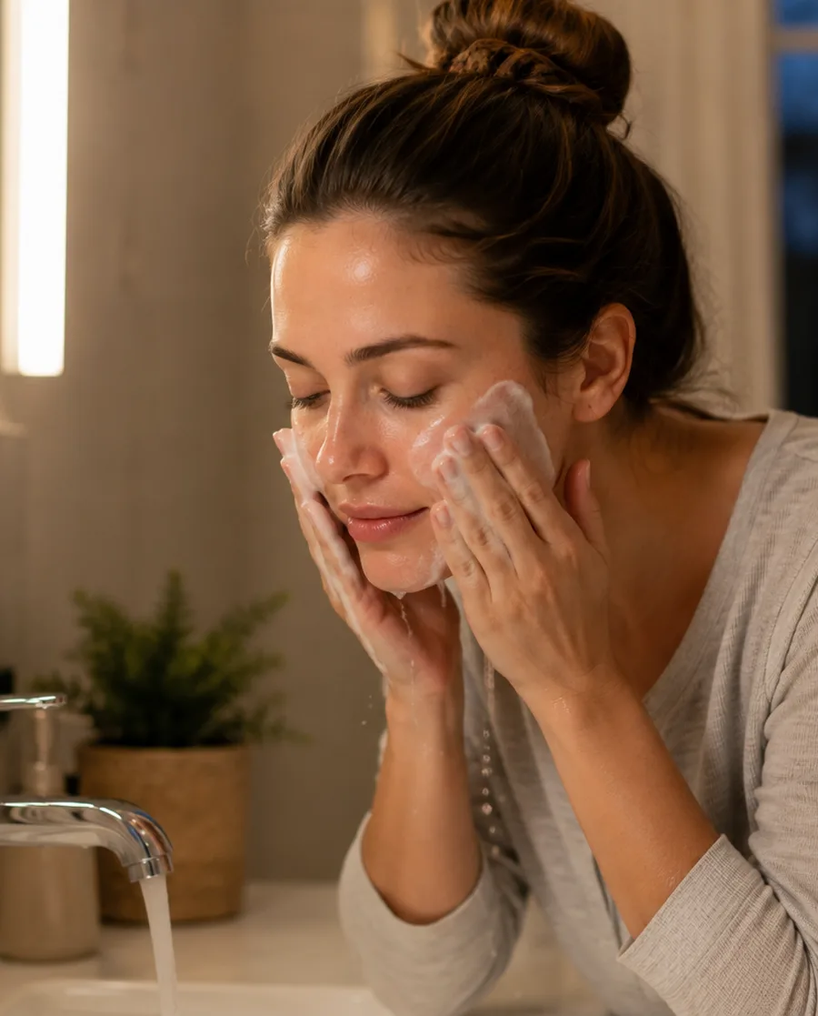 Woman gently cleansing her face as part of her nighttime sensitive skin routine