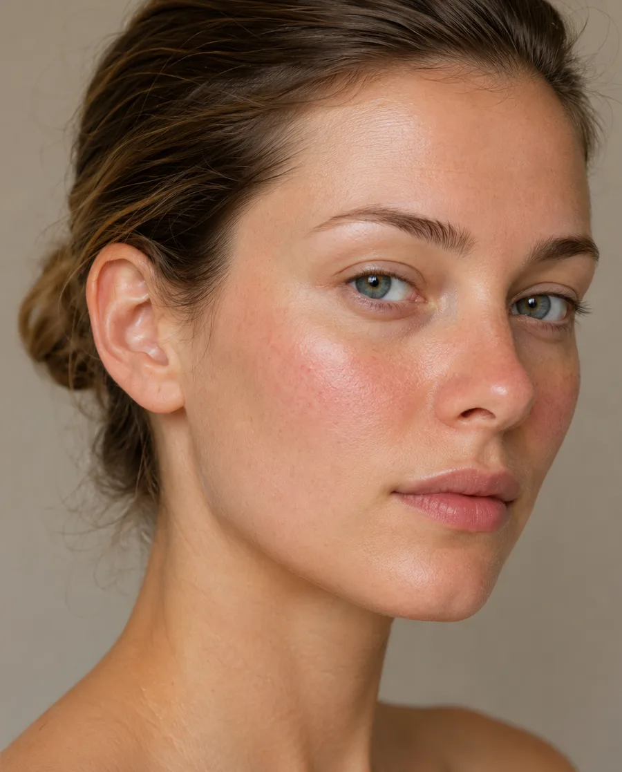 Close-up of a woman's face showing subtle redness associated with sensitive skin