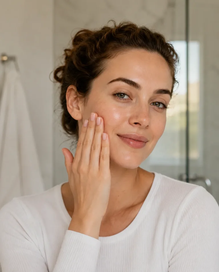 Woman applying a gentle, fragrance-free moisturizer to her face as part of a sensitive skin routine