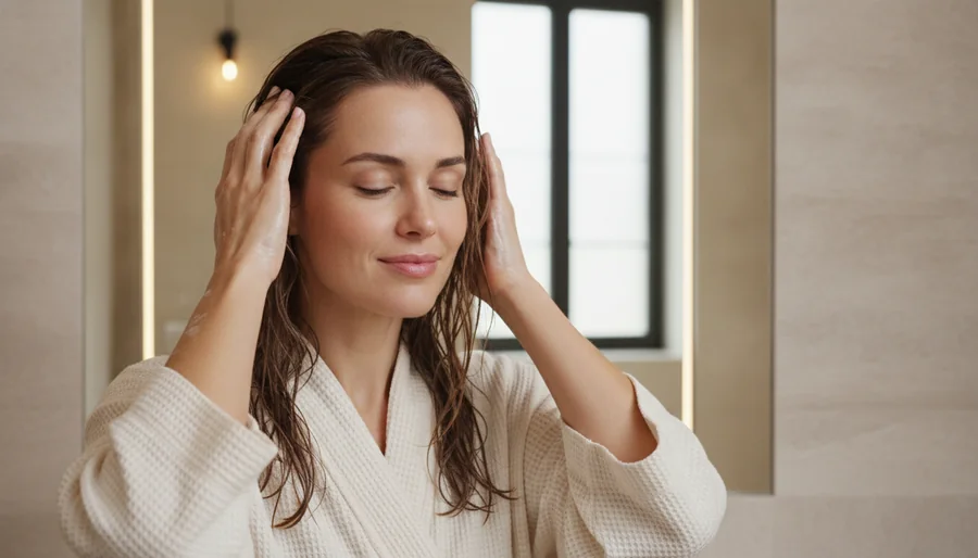 woman with wet hair gently massaging her scalp during a shower, eyes closed