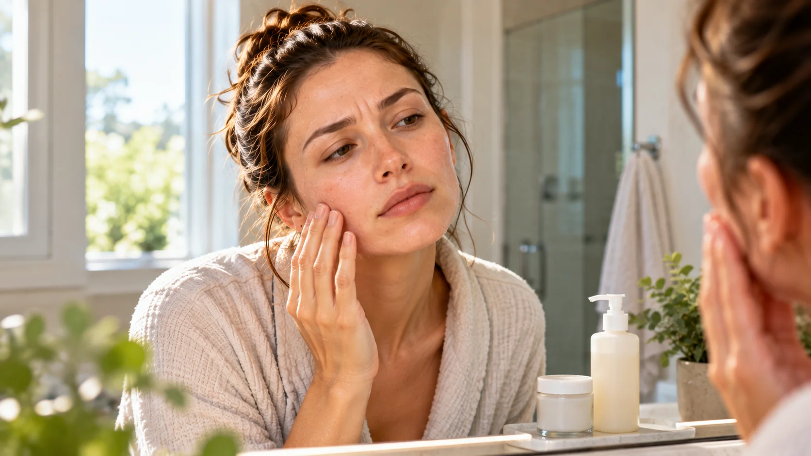 Woman examining her skin in the mirror after cleansing