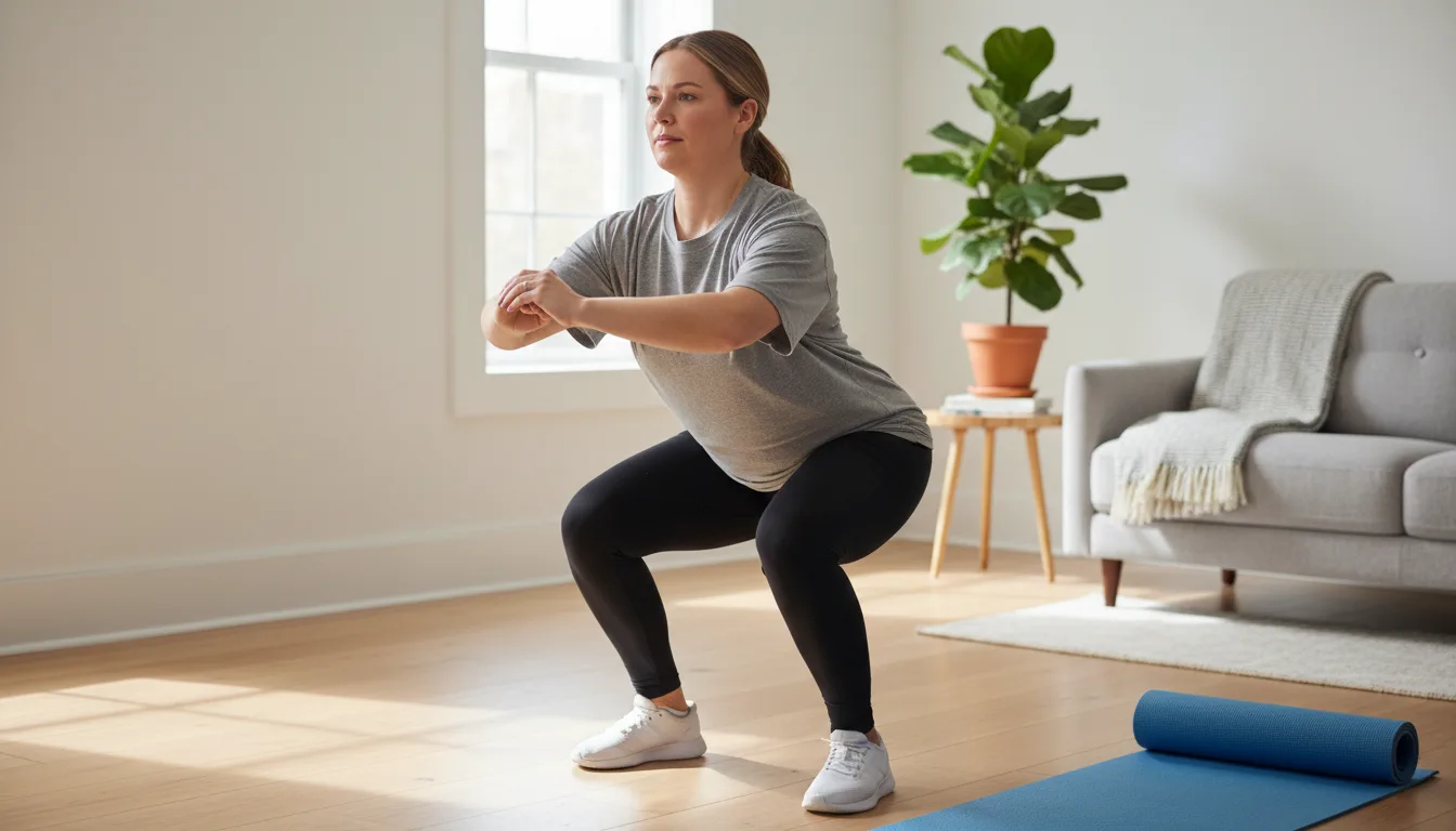 Beginner doing a simple bodyweight strength exercise at home