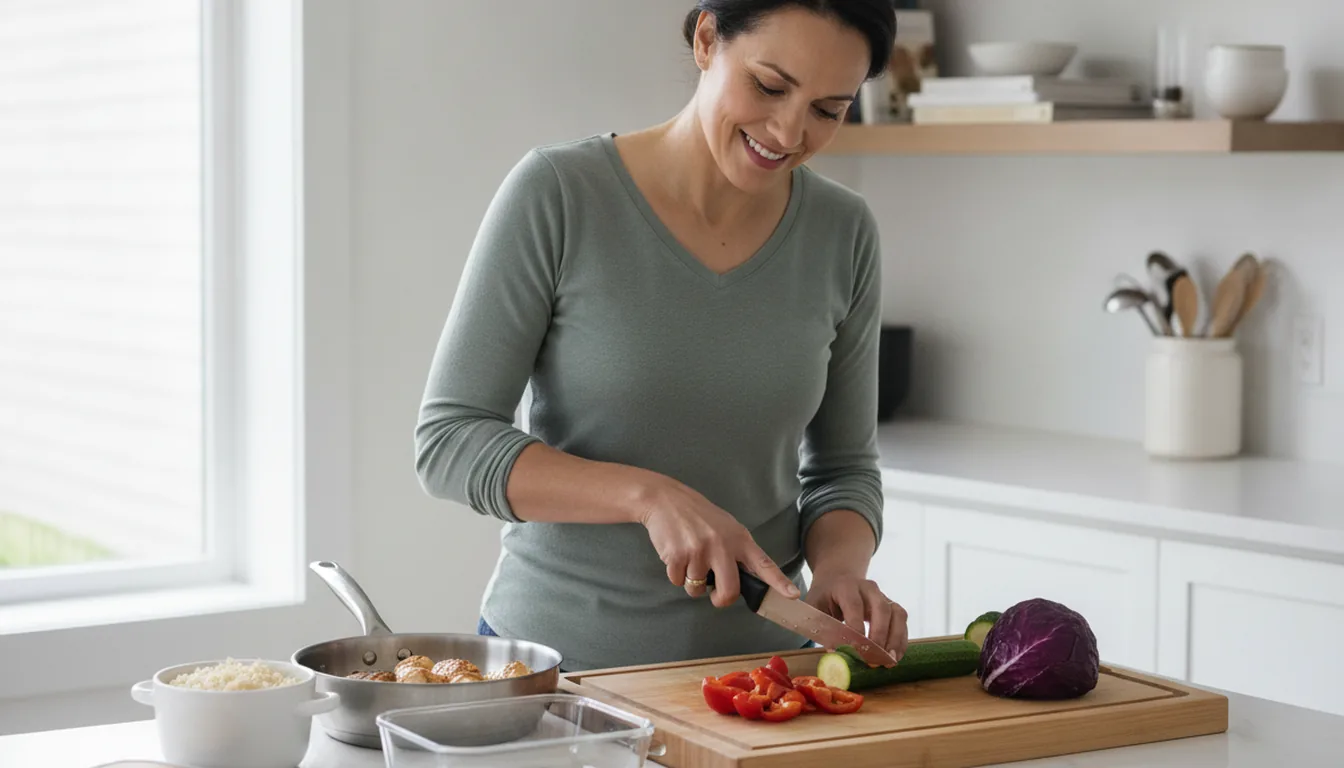 Adult chopping vegetables on a cutting board as part of simple meal prep