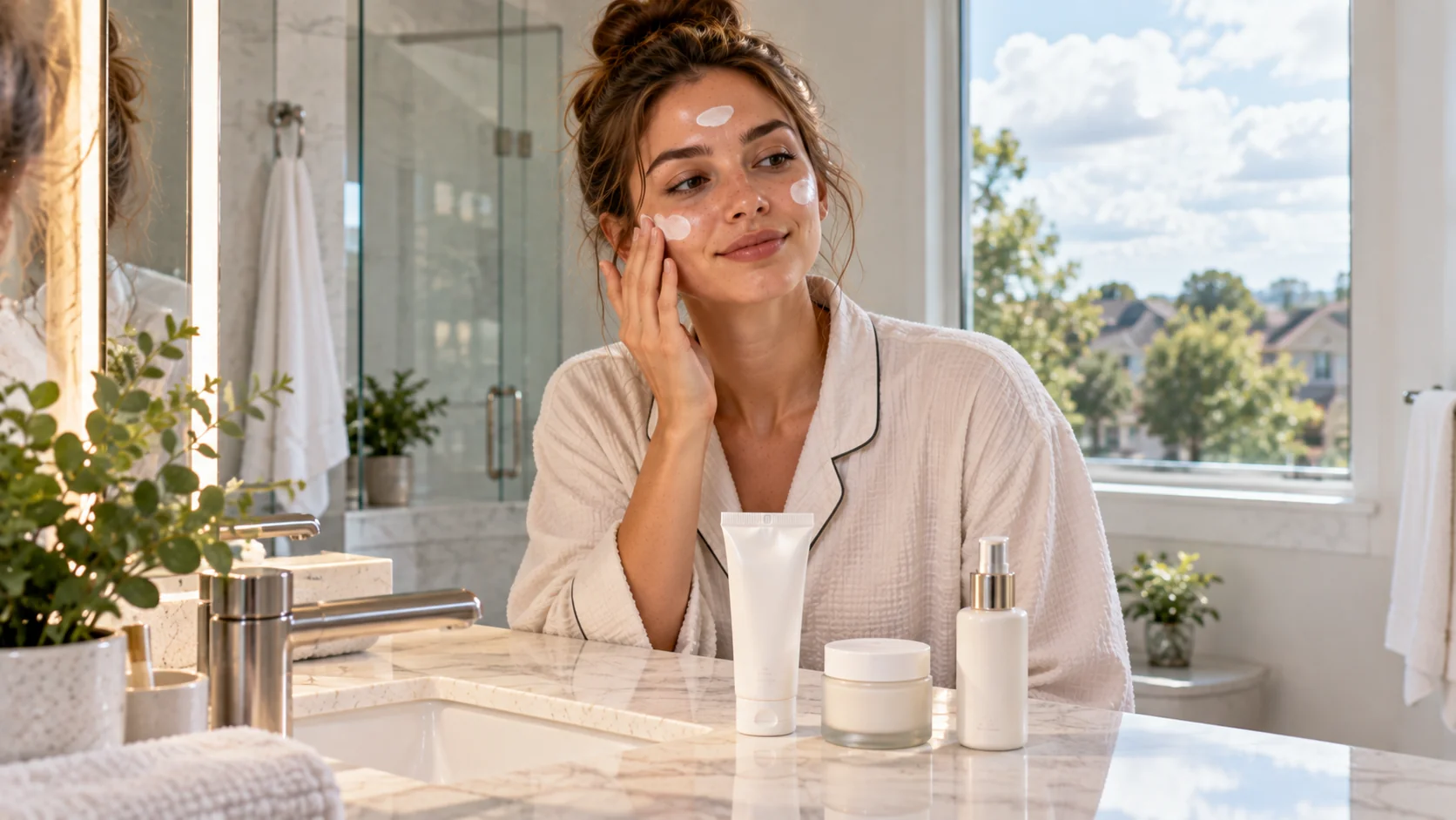 Woman applying a facial skincare product as part of her daily routine