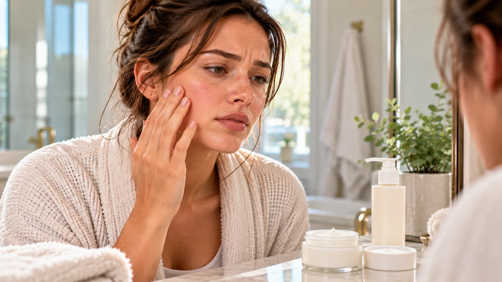 Woman touching her cheek with a concerned expression after trying a new moisturizer
