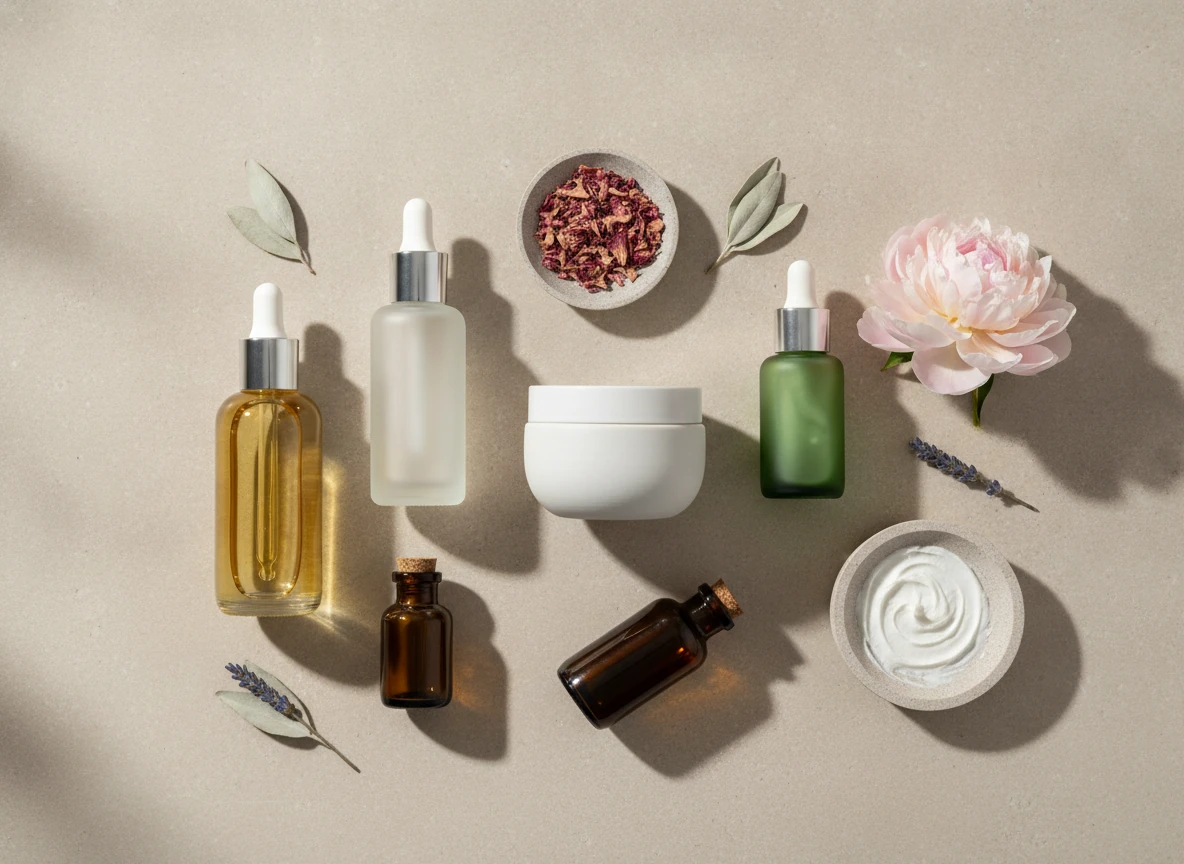 Skincare product bottles representing common ingredient pairings with niacinamide