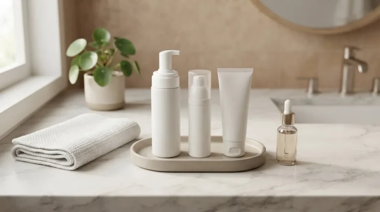 Simple morning skincare routine order with cleanser serum moisturizer and sunscreen