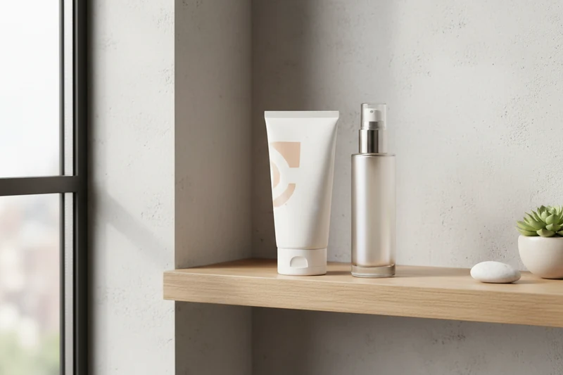 A tube and a pump bottle of skincare product side by side on a shelf