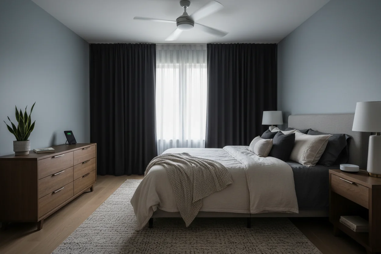 Clean, modern bedroom set up for better sleep with dim lighting and blackout curtains