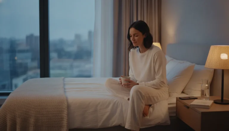 Adult sitting calmly on a bed as part of a nighttime sleep routine