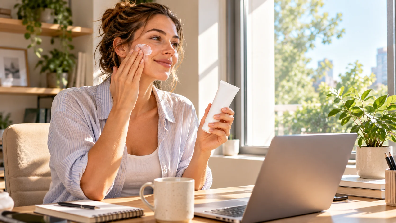 Woman applying sunscreen at her desk near a sunlit window