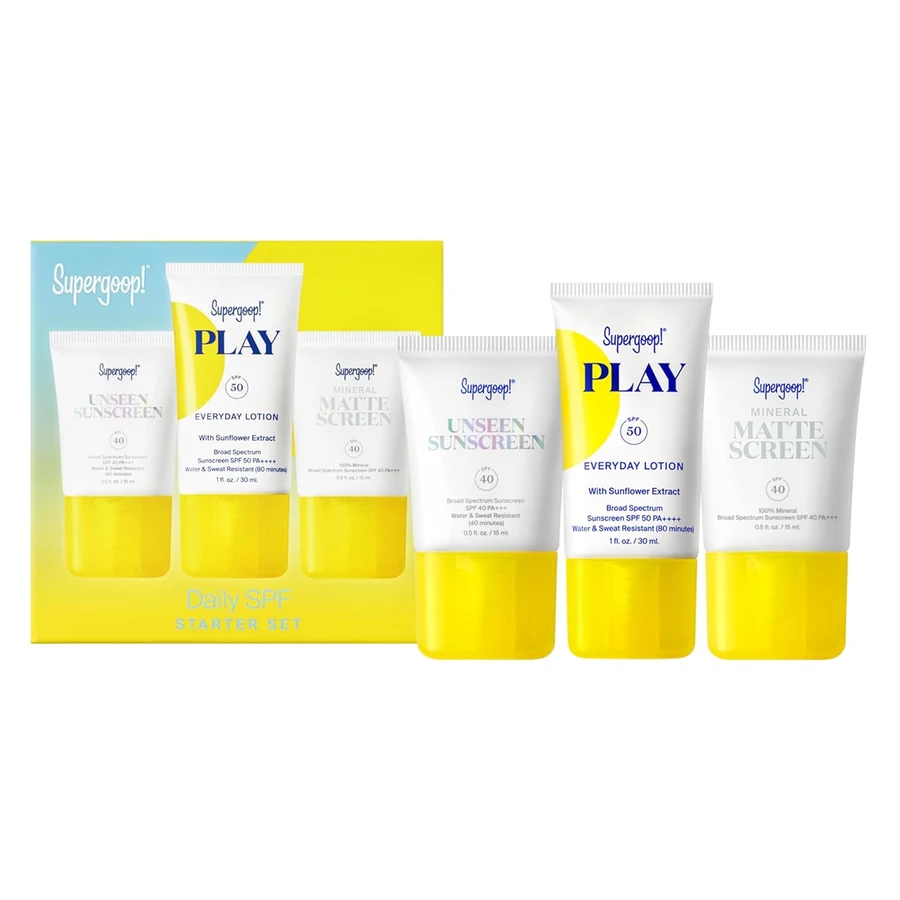 Supergoop Daily SPF Starter Set with Unseen Sunscreen, Play Everyday Lotion, and Mineral Matte Screen