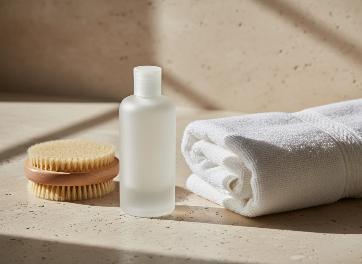 Body care essentials: a dry brush, lotion bottle, and folded towel