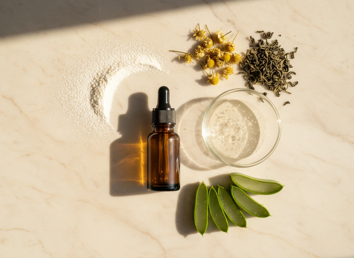 Skincare ingredients including a dropper bottle, dried botanicals, and aloe vera