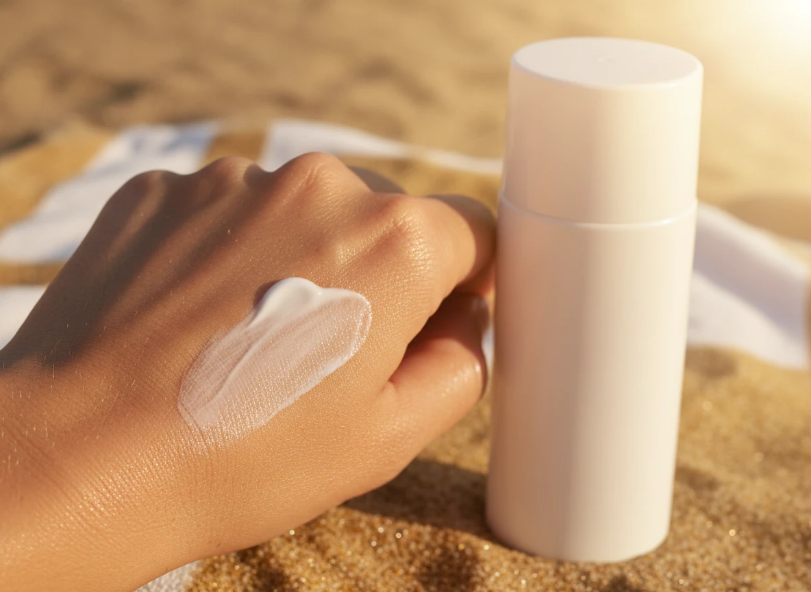 Applying sunscreen to the back of the hand on a sunlit beach towel