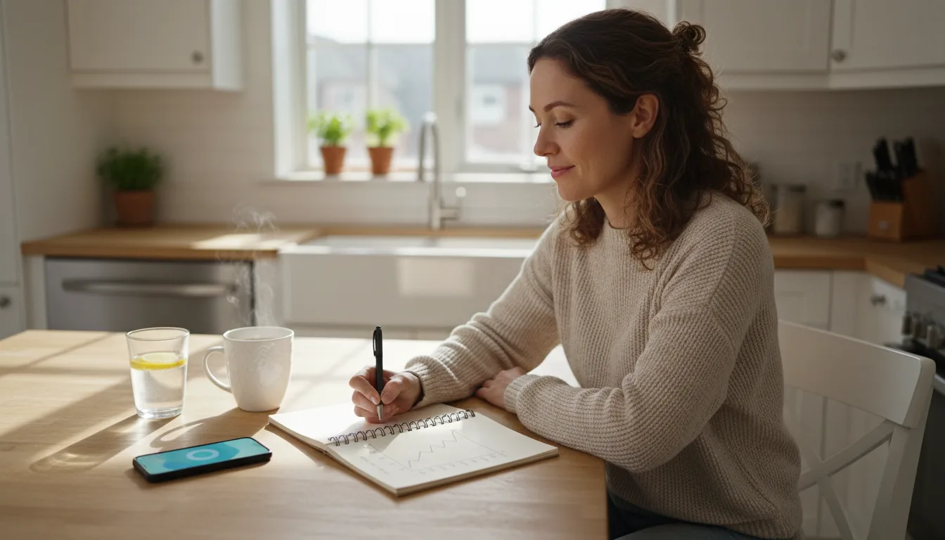 Adult reviewing weight-loss progress notes in a notebook