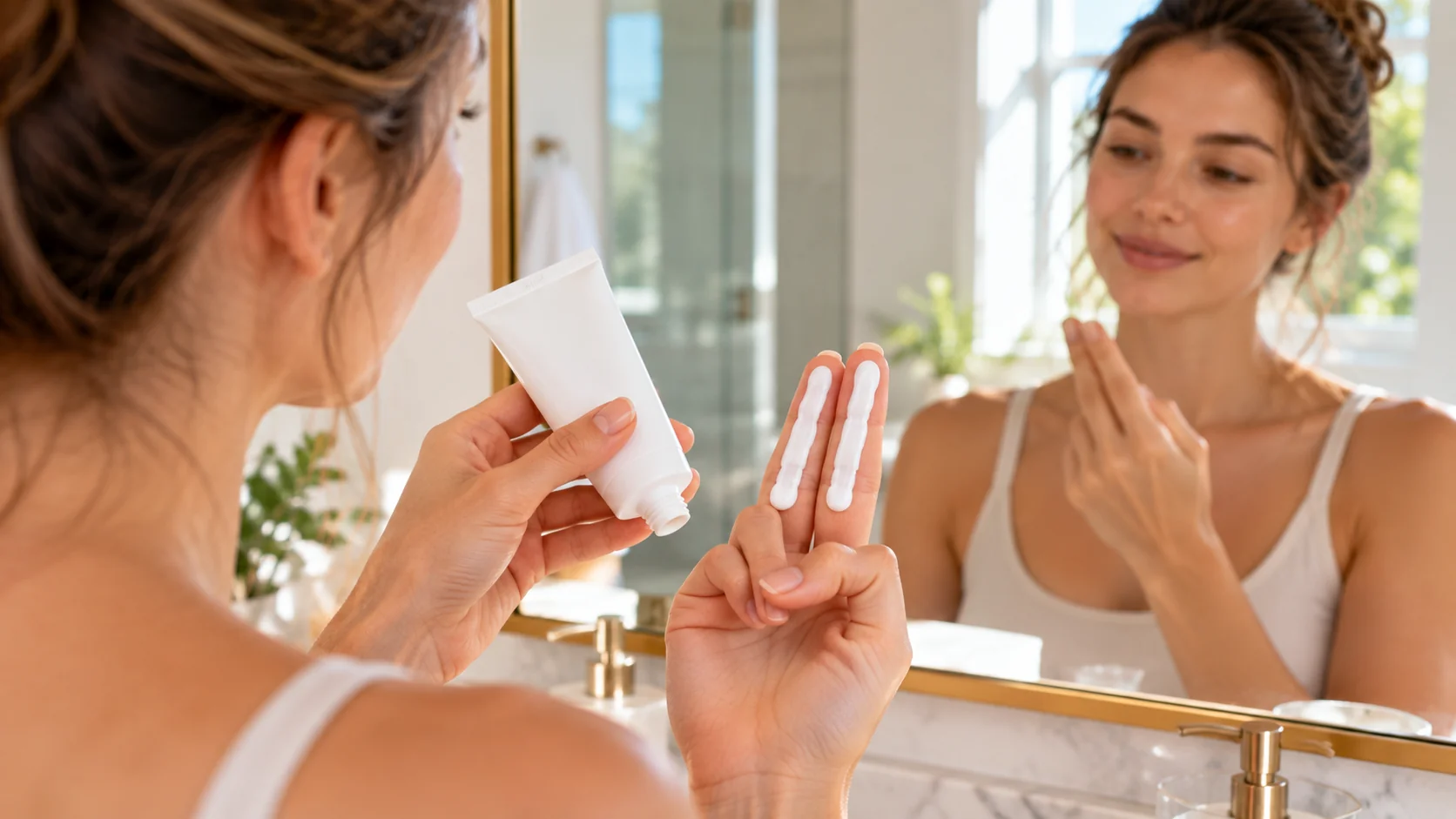 Woman viewing a line of sunscreen across her index and middle fingers in a bathroom mirror