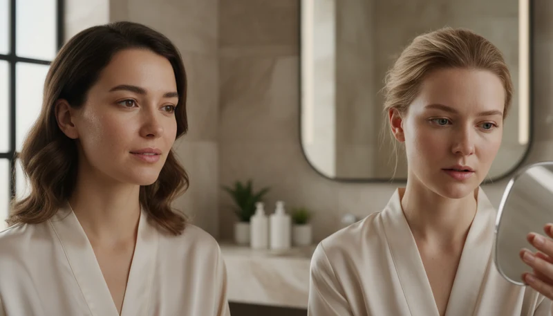 Two women checking their skin in a bathroom mirror