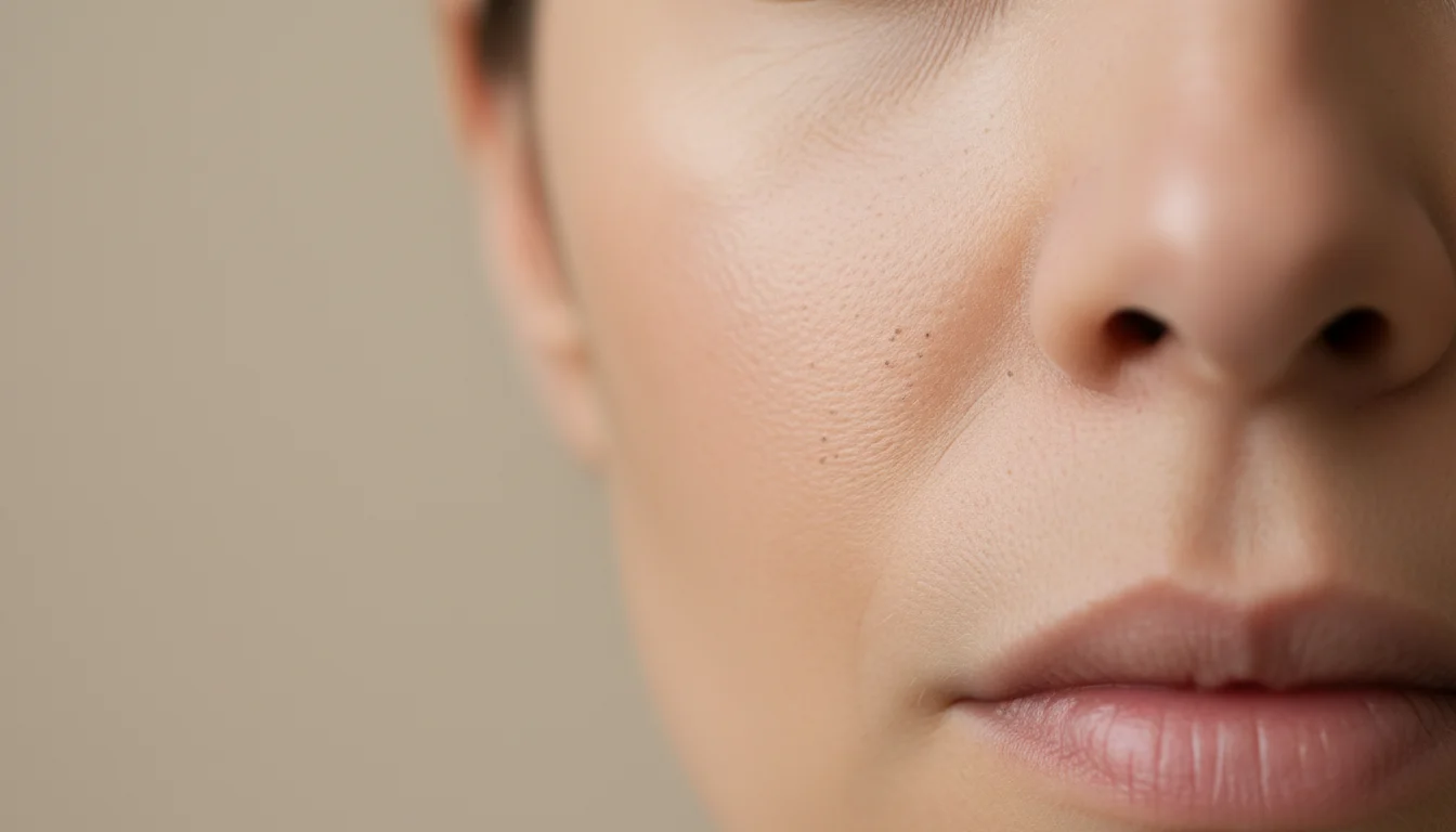 Natural visible pores on the nose and cheeks