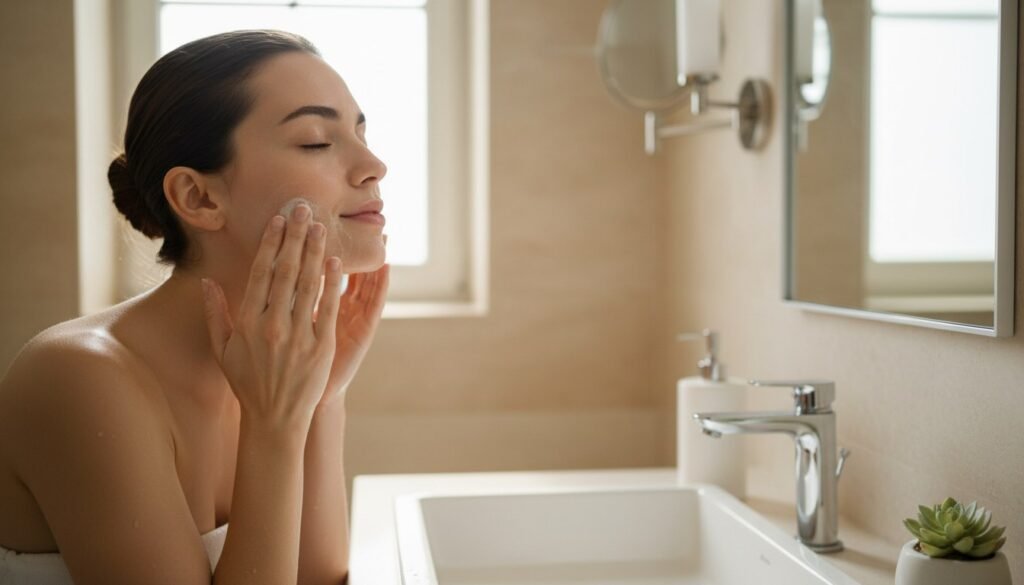 Woman gently washing her face with a cleanser at a bathroom sink