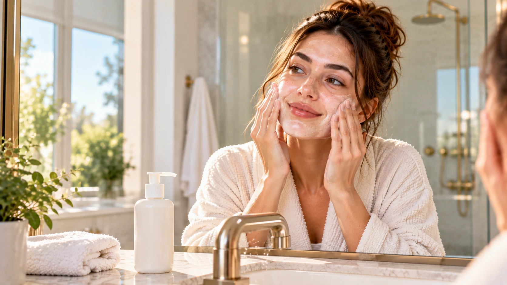 Washing the face with a gentle cleanser using fingertips