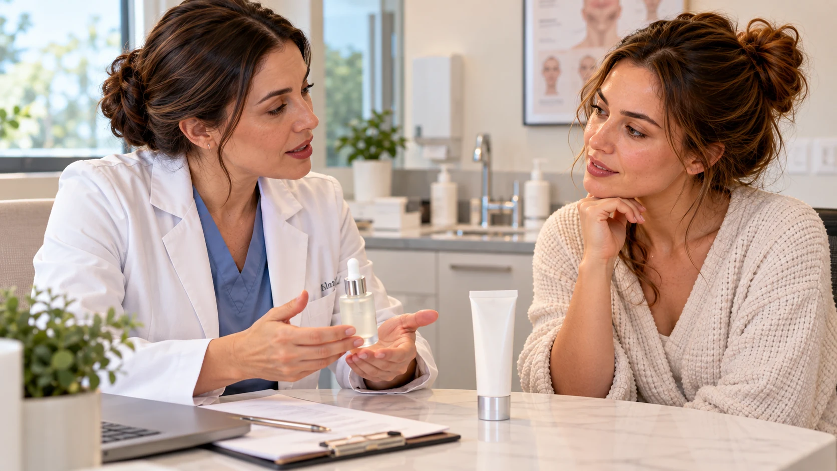 Dermatologist consulting with a patient about a retinoid serum and cream during an office visit