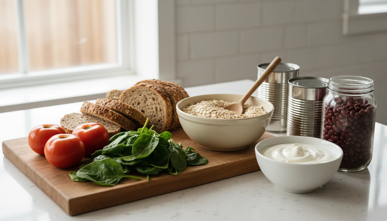 Assortment of whole and minimally processed foods including vegetables, oats, and yogurt