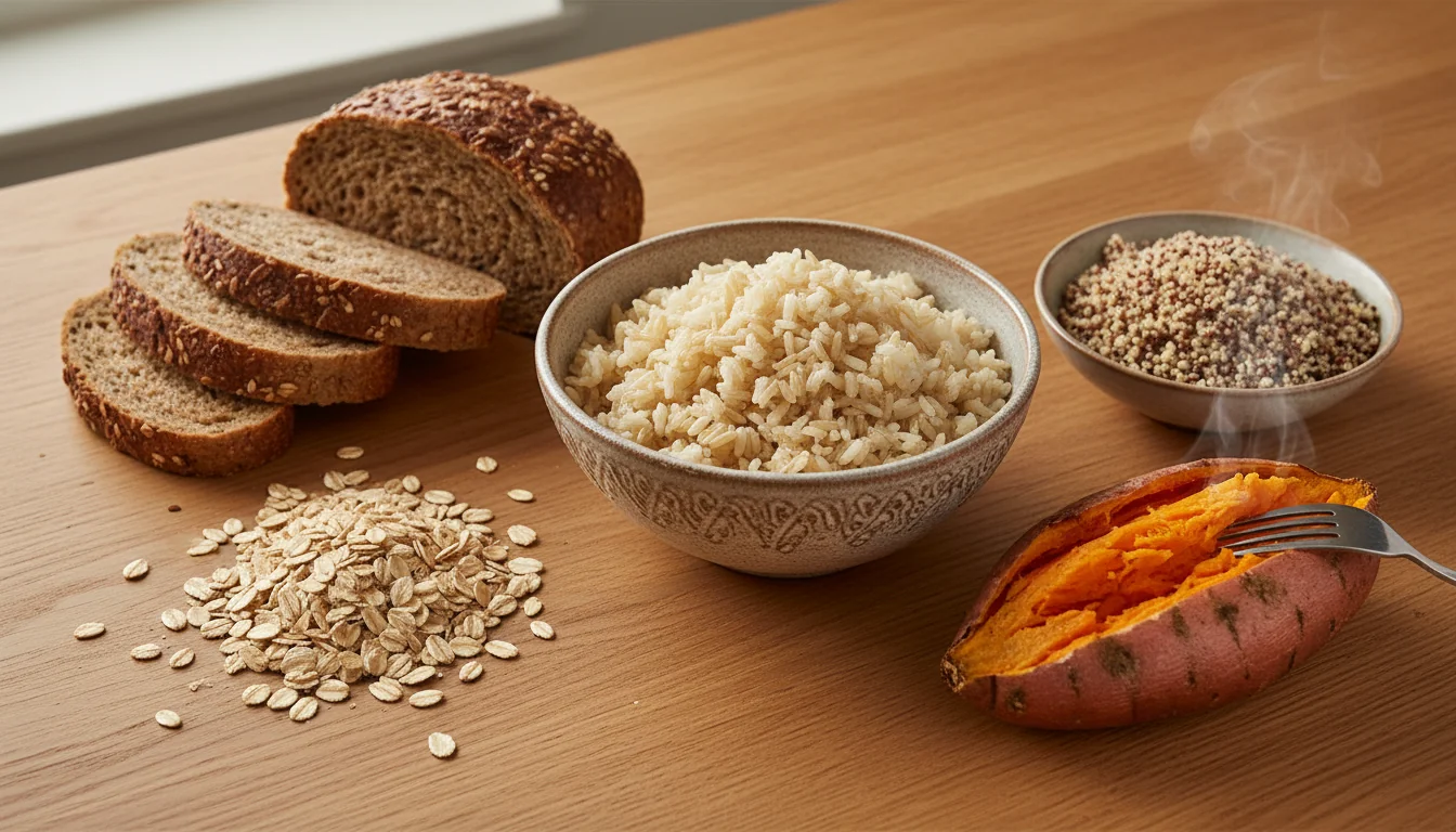 Whole grain foods including brown rice, oats, whole-grain bread, and sweet potato