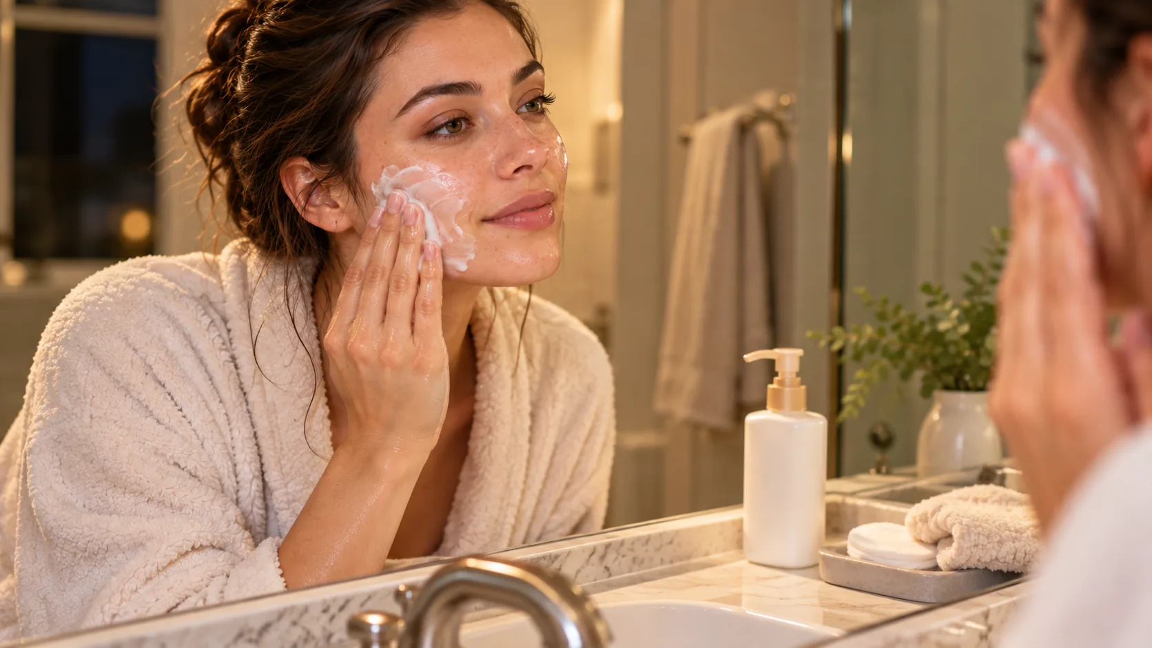 Woman applying a cream cleanser as part of an evening skincare routine
