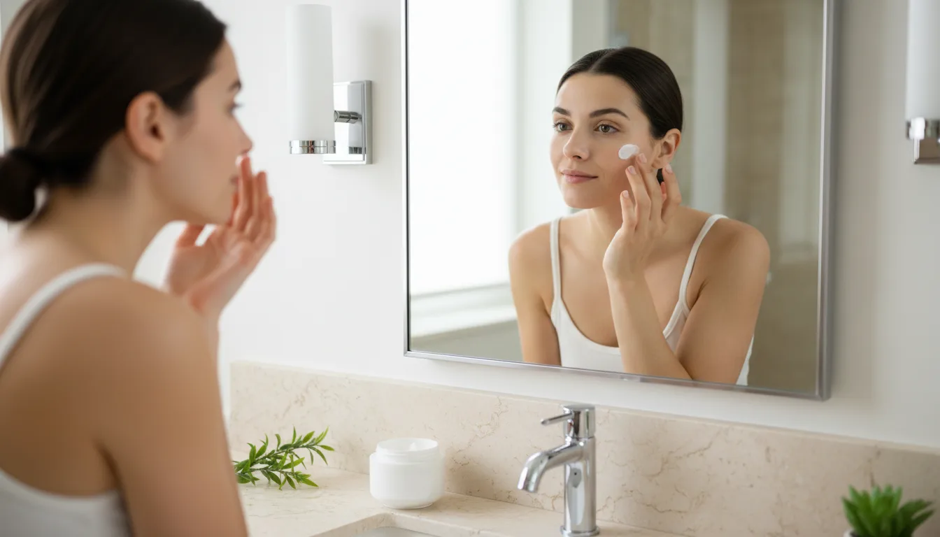 Woman applying facial moisturizer to slightly damp skin after cleansing