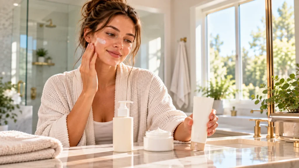 Woman applying facial moisturizer at a bathroom vanity with a moisturizer bottle, jar, and tube nearby