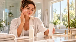 Woman applying facial moisturizer at a bathroom vanity with a moisturizer bottle, jar, and tube nearby