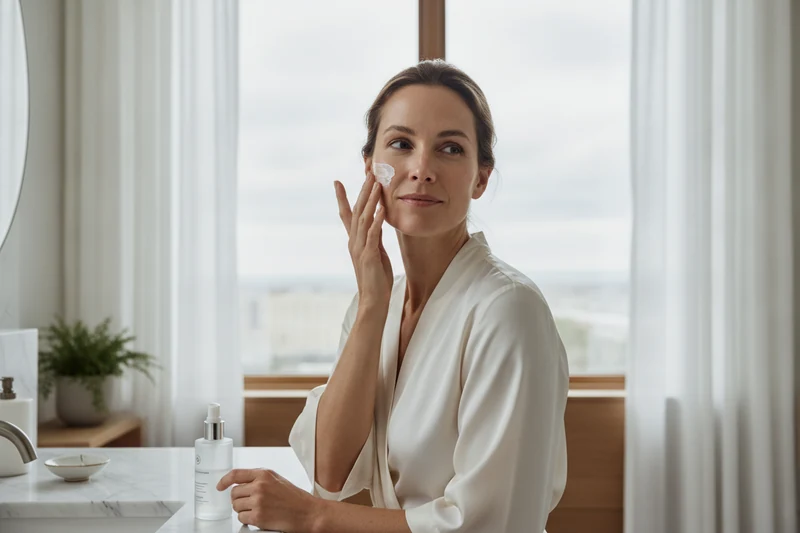 Woman applying facial cream near a window in her bathroom