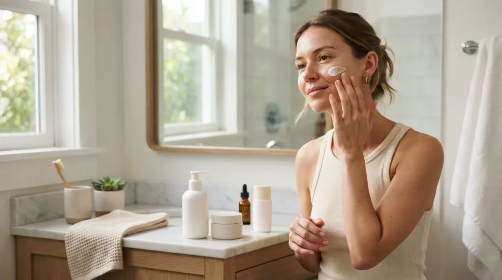 Simple three-step morning skincare routine with cleanser moisturizer and sunscreen