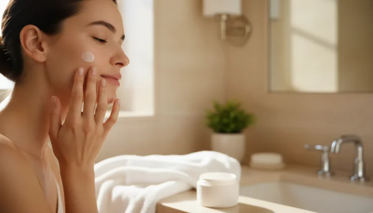Woman applying facial moisturizer to freshly cleansed skin as part of a skincare routine