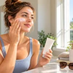 Woman applying facial moisturizer with SPF as part of her morning skincare routine